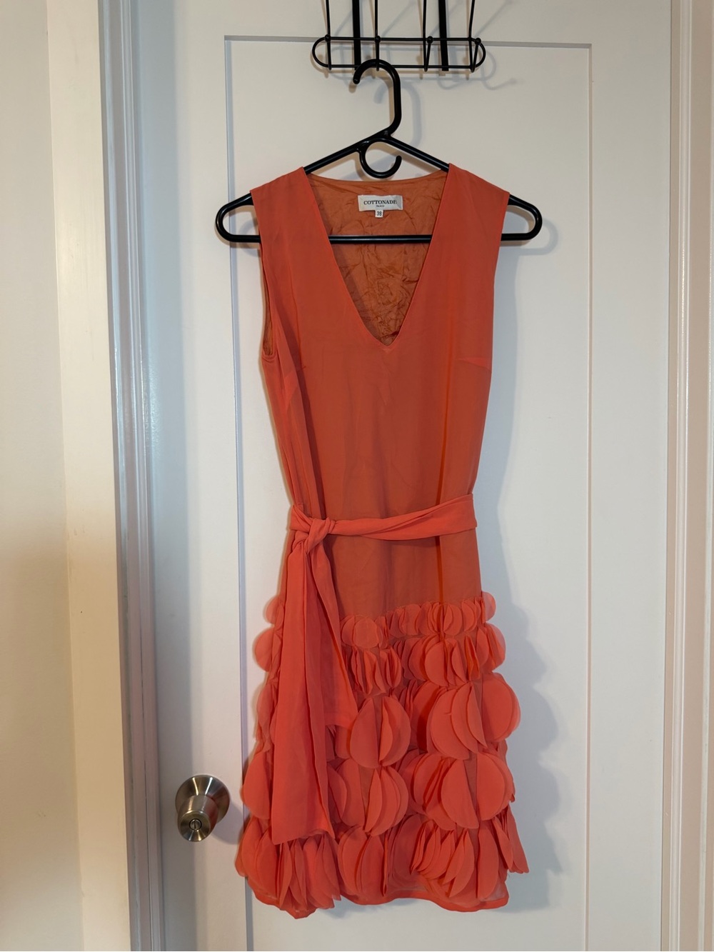 Cottonade Made in Paris Coral Sleeveless V-Neck Dress with Petal Skirt
